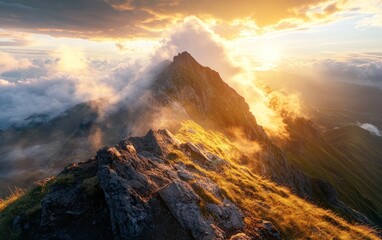 Fototapeta premium Mountain Peak with Golden Sunrise and Clouds in the Background