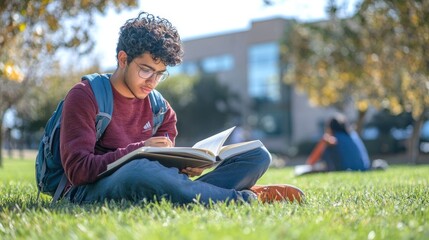 A college student studying outdoors on a sunny day, sitting on the grass with books and notepads