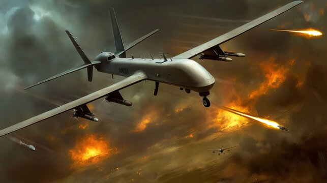 Military drone firing missiles and countermeasures in dramatic aerial combat