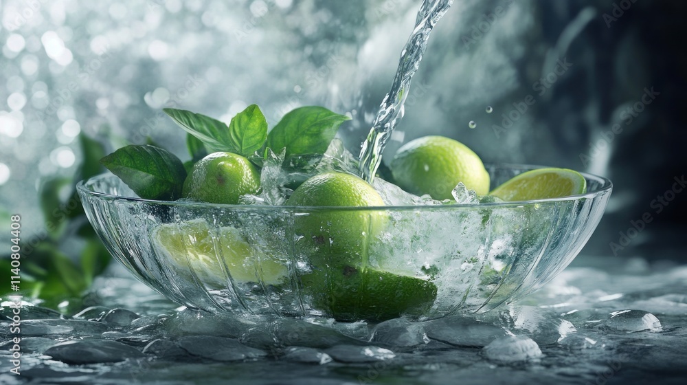 Poster fresh limes and mint leaves in a bowl, splashed by water, creating a refreshing scene.
