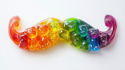 A colorful candy-themed mustache made of realistic gummy bears and jellybeans, smooth and glossy texture, vibrant rainbow colors, perfectly centered on a clear white background, sharp edges, ultra-det