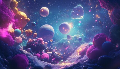 Fototapeta premium A Vibrant Cosmic Landscape with Glowing Planets and Nebulae