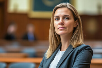 Fototapeta premium Confident caucasian female attorney in courtroom setting