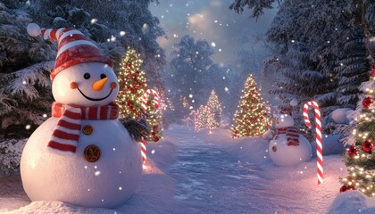 Obraz premium A Festive Snowman in a Snowy Winter Wonderland with Christmas Trees