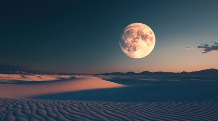 majestic full moon illuminating a desolate desert landscape, casting long shadows over the sand dunes