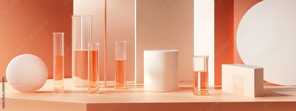 Poster a minimalist arrangement of glass and cylindrical objects filled with liquid, showcasing soft colors