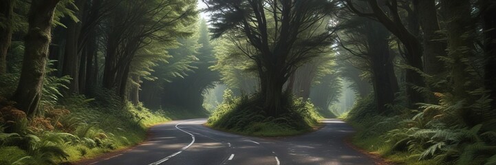 Fototapeta premium Winding asphalt road through a tunnel of ancient conifers and ferns in a Scottish forest, , tree roots
