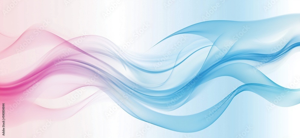 Poster abstract wave design in pink and blue hues, smooth flowing lines create a serene atmosphere, ideal f