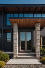 Modern home exterior featuring a dark gray facade, light stone pillars supporting a wood-covered entryway, and a glass double door.  Landscaping is visible around the entryway.