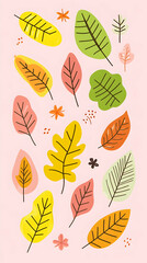 A colorful pattern of various leaves on a pink background, ideal for seasonal decor.