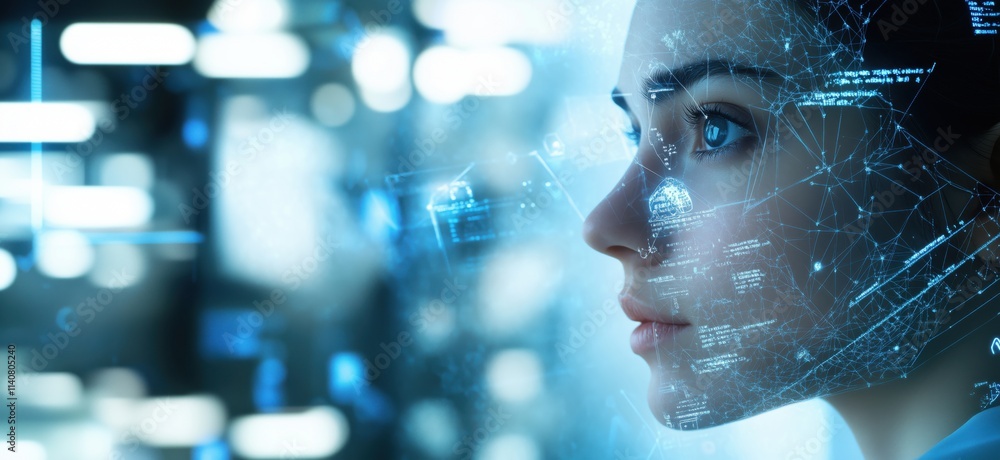Poster futuristic digital face with data overlay, showcasing technology and artificial intelligence. profil