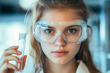 Female teen scientist with test tube and safety goggles in laboratory