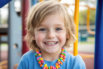 Smiling caucasian child with colorful necklace at playground