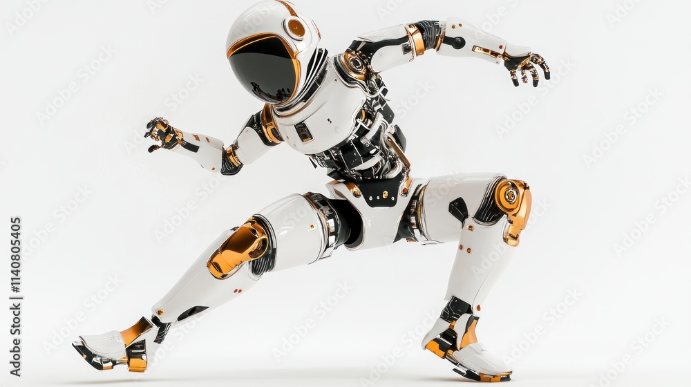 Poster a futuristic robot in a dynamic pose, showcasing advanced technology and design.