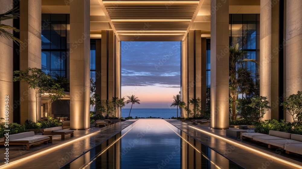 Poster luxurious lobby with ocean view at dusk, featuring elegant design and serene atmosphere.