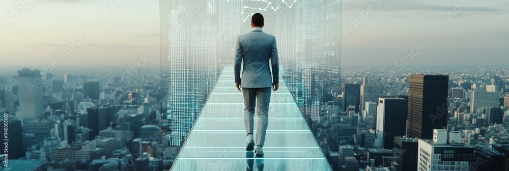Poster a businessman walks on a transparent path above a city, symbolizing progress and innovation.
