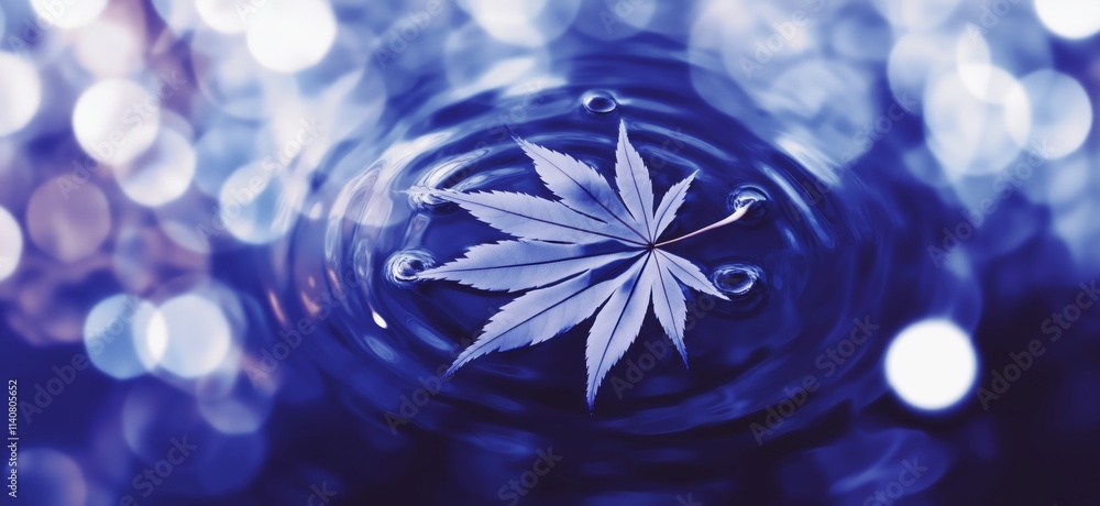 Poster maple leaf floating on water surface, ripples and bokeh effect create serene atmosphere, copy space 