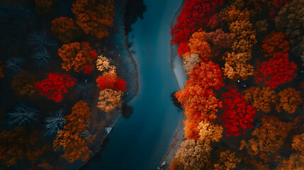 Obraz premium Aerial view of a winding river surrounded by vibrant autumn foliage.