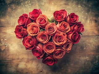 Vintage Roses Heart Photography, Romantic Floral Still Life, Antique Rose Bouquet,  Old Photo Effect,  Heart Shaped Rose Arrangement