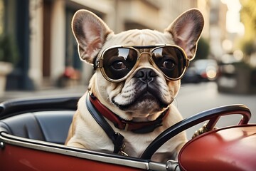 Close-up of a humorous French bulldog riding a pedal car while wearing goggles