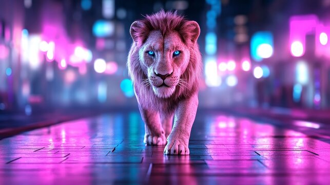 Lion in Neon City Night - Majestic lion, futuristic city, neon lights, night scene, urban wildlife. Symbolizing power, grace, contrast, adaptation, and future.