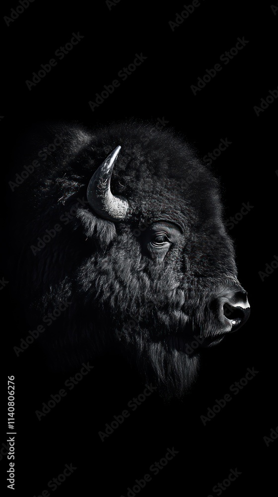 Poster a close-up of a bison's head against a dark background, highlighting its features.