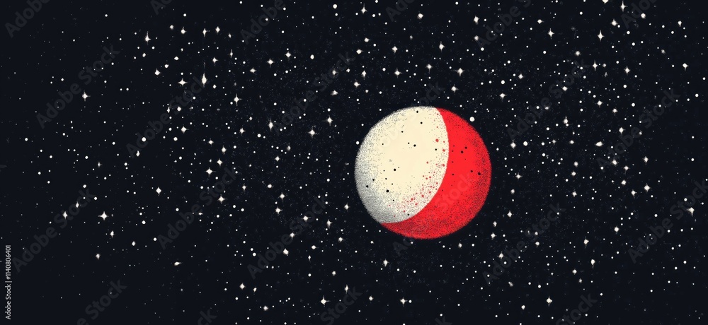 Poster red and white planet in starry space, celestial body with textured surface, surrounded by twinkling 