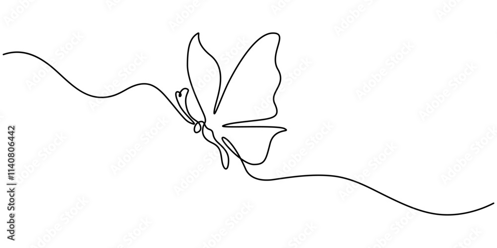 Poster butterfly continuous one line drawing and simple isolated outline vector design, continuous line dra