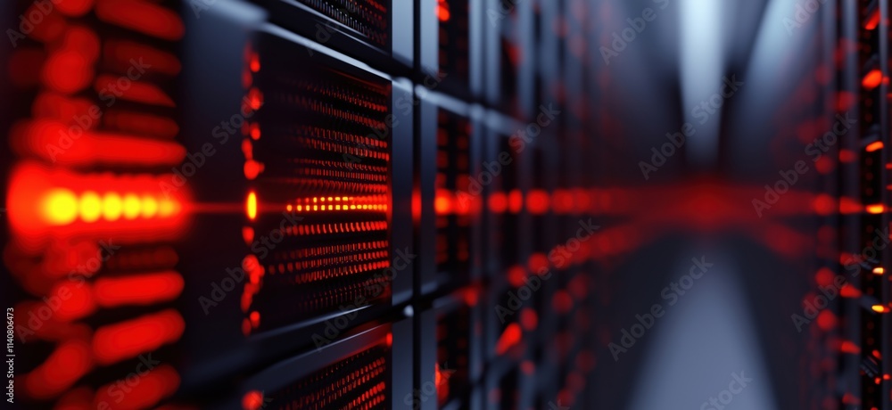 Poster data center with illuminated servers, rows of black server racks glowing red, modern technology, dig