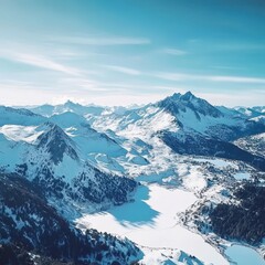 Fototapeta premium Stunning winter landscape in the mountains with a frozen lake and snow-covered peaks under a clear blue sky. Perfect for nature lovers and winter enthusiasts.