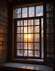 The sun's rays peeking through the latticework of a small cabin's windowpane on a cold winter day, forest home, winter sunlight, latticework