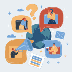 Cartoon vector illustration of World globe. People make conversation online. Media networking service concept
