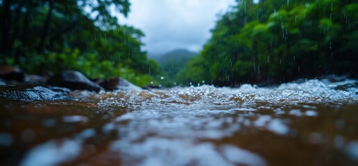 Close-up view of a fast flowing stream in the rain, surrounded by lush green forest.