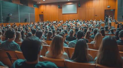 A dynamic image of a college lecture hall filled with students attentively listening to a professor