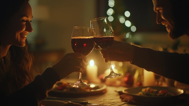 A dynamic image of a couple toasting with wine glasses during a romantic Valentine's Day dinner at home