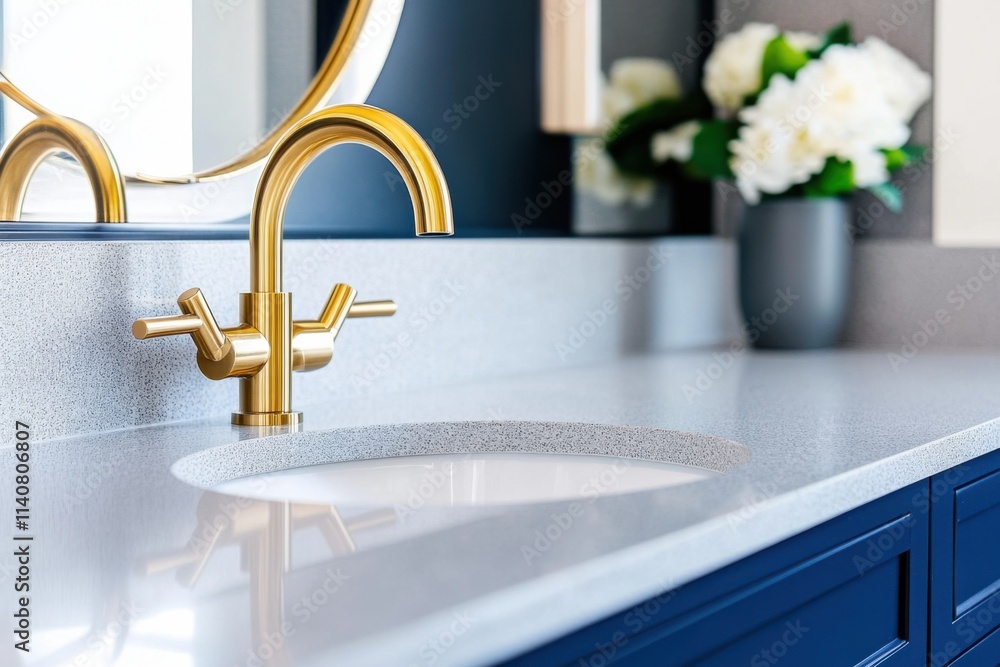 Wall mural Luxurious bathroom designed with deep navy vanity, elegant brass fixtures, and soft ambient lighting for a serene atmosphere