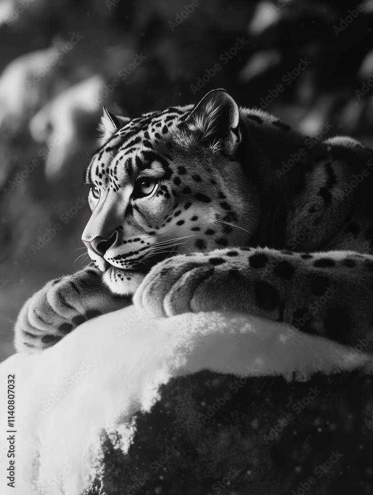 Poster a black-and-white image of a snow leopard resting on a snowy rock, exuding tranquility.