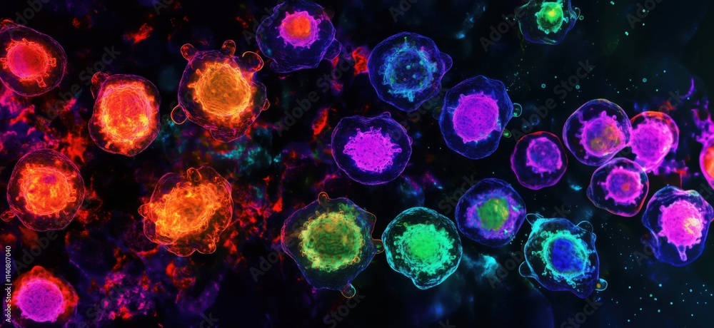 Poster colorful cells in vibrant space, depicting cellular structures and interactions, showcasing various 