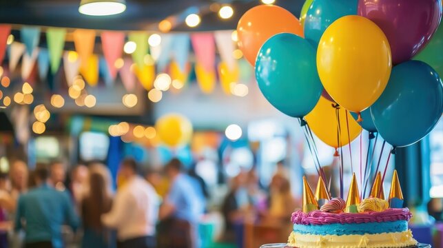 A dynamic image of a graduation party with colorful balloons, banners, and a cake celebrating the occasion