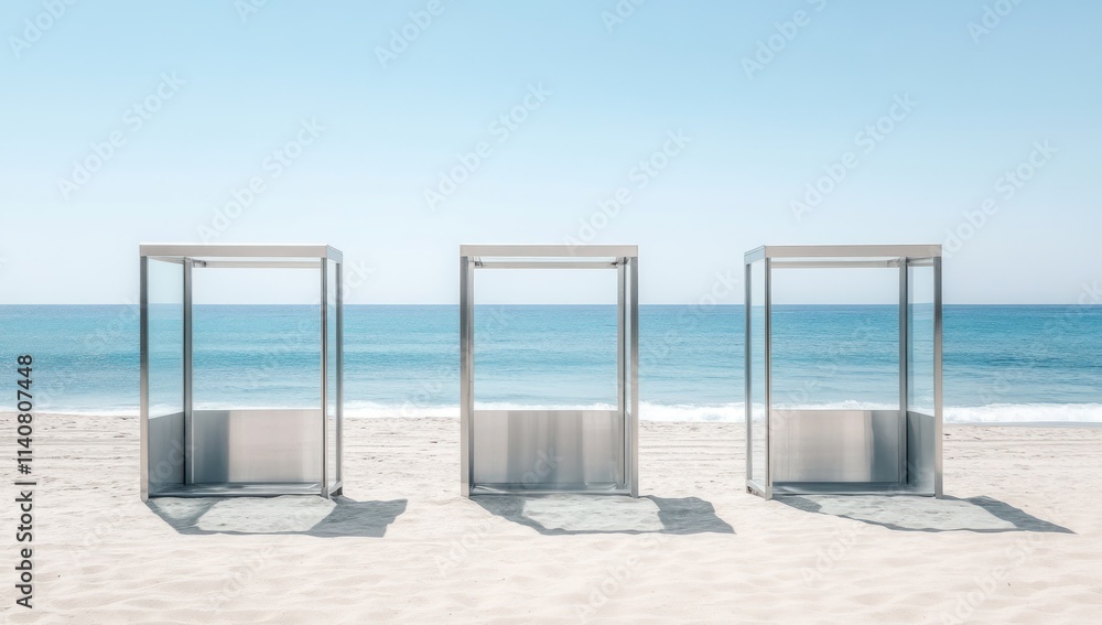 Aufkleber three minimalist structures on a sandy beach with ocean views.