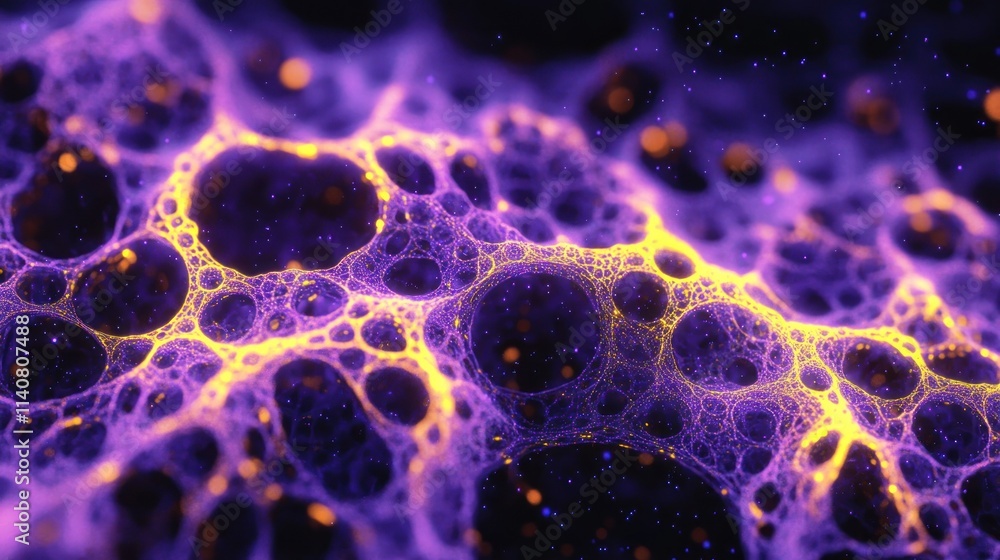 Poster abstract visualization of interconnected cells in vibrant purple and yellow hues.