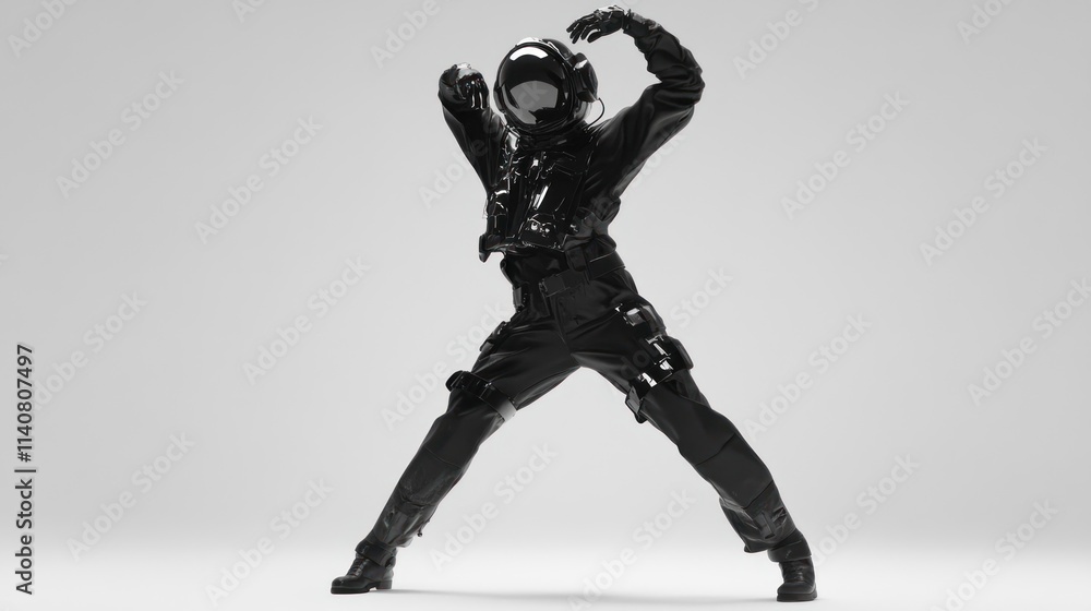 Poster a figure in a sleek black space suit striking a dynamic pose against a neutral background.