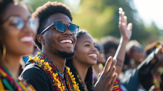A dynamic image of Black college students participating in a cultural event on campus, highlighting heritage and pride