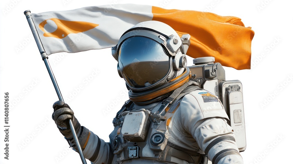 Poster an astronaut holding a flag with an orange design, symbolizing exploration and discovery.