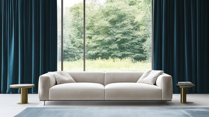 Fototapeta premium Modern Living Room Interior Design with Teal Curtains and a Beige Sofa
