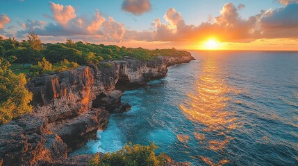 A serene sunset over rocky cliffs by the ocean, highlighting nature's beauty and tranquility.
