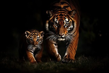 A majestic tiger and its cub walking through a dark, lush environment.