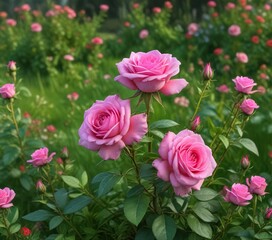 Obraz premium Vibrant pink rose against the backdrop of lush green grass and wildflowers, flower, garden