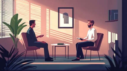 Two men converse in a sunlit room, one holding a book.