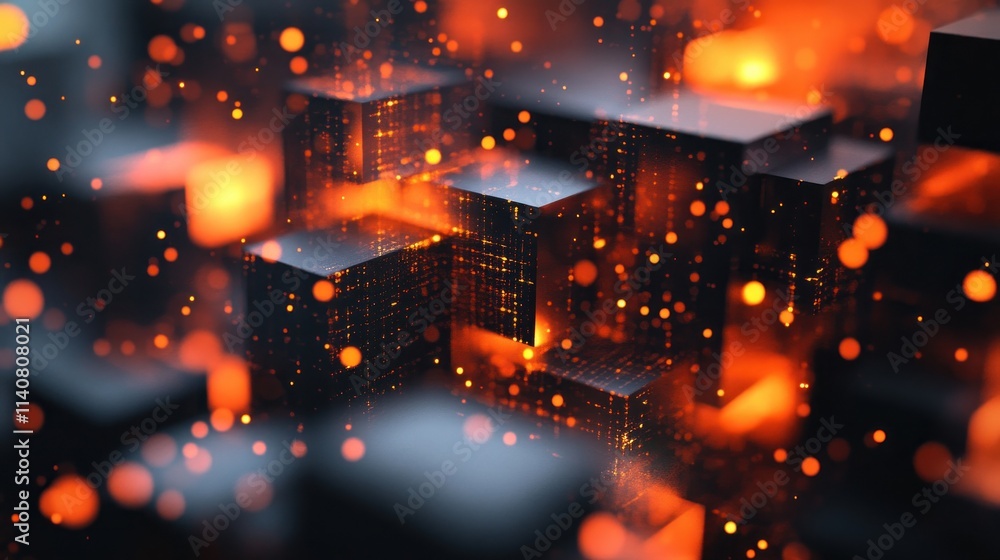 Poster Abstract digital landscape with glowing elements and dark structures.